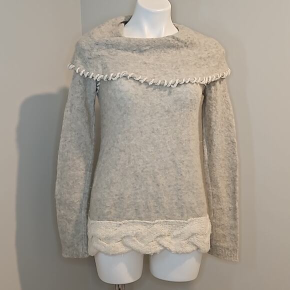Anthropologie Sleeping On Snow Grey and Ivory Off the Shoulder Sweater - Picture 1 of 6